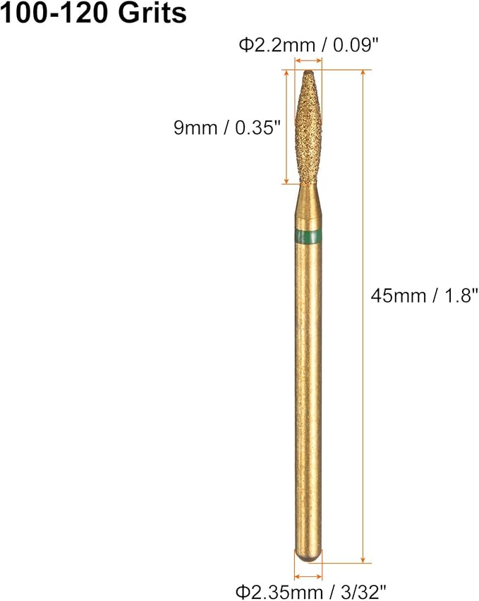 HARFINGTON 8pcs 100-120 Grits Diamond Grinding Bit 2.2mm Oval Head 2.35mm Shank 9mm Length Titanium Plated Stone Sanding Drill Bits Rotary Tool for Nails Grinding Polishing