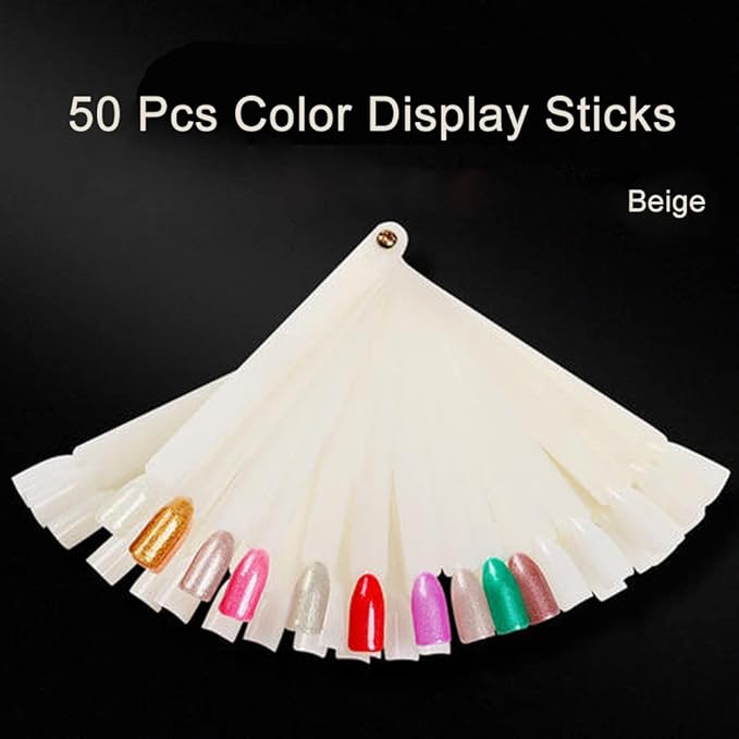 JASSINS 50 Pcs Nail Swatch Sticks with Ring, Fan-shaped Nail Art Polish Practice Display Tips Nail Sample Sticks, Nail Practice Color Display Polish Board