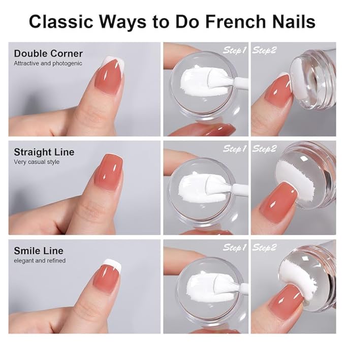 2Sets French Nail Art Stamper, with Nail Scraper and Replaceable Stamper Head, Home Manicure Starter Tool Salon, French Silicone Nail Stamper Kit for DIY Nail Decor