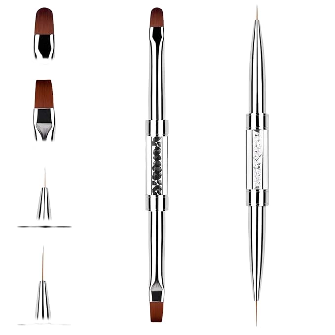 2PCS Professional Nail Art Brushes Set – Dual-Ended French Manicure & Gel Liner Brush with Rhinestone Handle, Acrylic Nails & Home Nail Design (Round head, flat head, wire drawing)