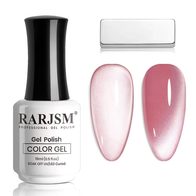 RARJSM Moonlight Cat Eye Gel Polish Blush Jelly Rose Pink Silver White Smoothie Glitter 15ml Silky Shimmer Velvet Mirror Cateye Gel Nail Polish with Magnetic Stick UV LED Curing Require Soak Off