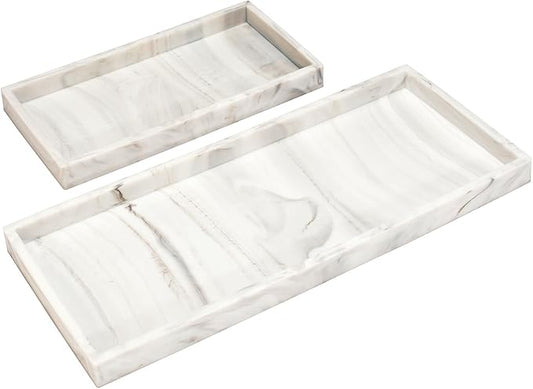 DNC Silicone Bathroom Tray for Counter, 2PC (7.9" +11.8") Vanity Tray for Countertop, Kitchen Sink Soap Tray for Dish Holder Dispenser Toilet Tank Desk Organizer Marble White