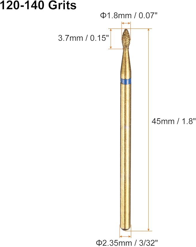 HARFINGTON 8pcs 120-140 Grits Diamond Grinding Bit 1.8mm Oval Head 2.35mm Shank 3.7mm Length Titanium Plated Stone Sanding Drill Bits Rotary Tool for Nails Grinding Polishing