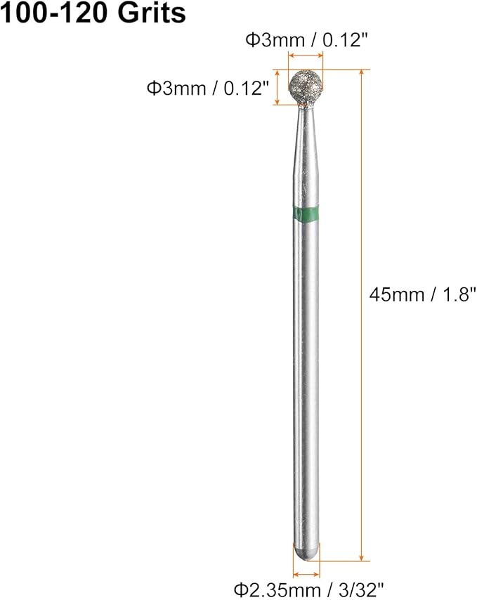 HARFINGTON 13pcs 100-120 Grits Diamond Grinding Bit 3mm Ball Head 2.35mm Shank 3mm Length Stone Sanding Drill Bits Rotary Tool for Ceramic Glass Nails Grinding Polishing