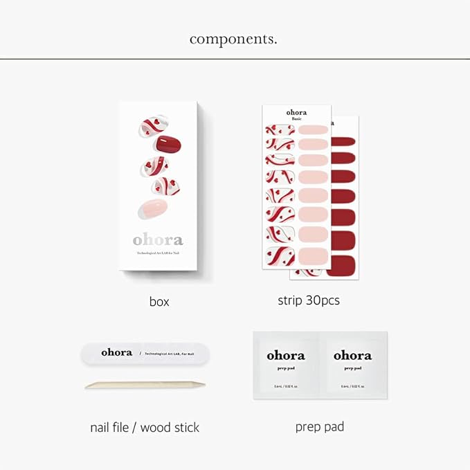 ohora Semi Cured Gel Nail Strips (N Cupid's Trace) - Red, Pattern, Works with Any UV/LED Lamps, Salon-Quality, Long Lasting, Easy to Apply & Remove - Includes 2 Prep Pads, Nail File & Wooden Stick