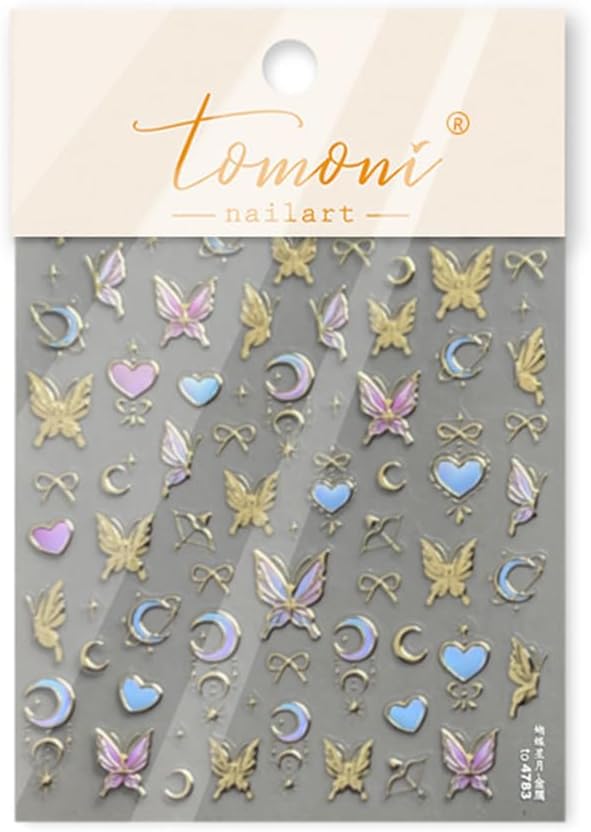 Butterfly Nail Art Stickers Decals 3D Gold Bronzing Nail Stickers Laser Star Moon Luxury Nail Design Self-Adhesive Nail Decals Manicure Sliders for Women Girls DIY Nail Art Decorations Supplies