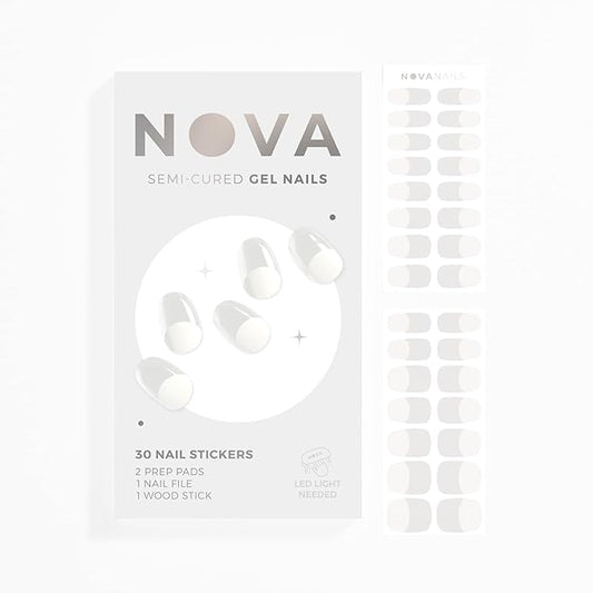 NOVA, Female Founded, Semi Cured Gel Nail Strips (Jolie) - The 10 Minute Manicure. Salon-Quality, Works with Any Nail Lamp, Easy to Apply & Remove - Incl. Nail File & Wooden Stick (Jolie)