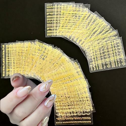 30 Sheets Gold Nail Art Stickers 3D Self-Adhesive Gold Stars Snowflakes Shiny Acrylic Heart Shape Line Design Suitable for Ladies Girls Nail Art Decoration