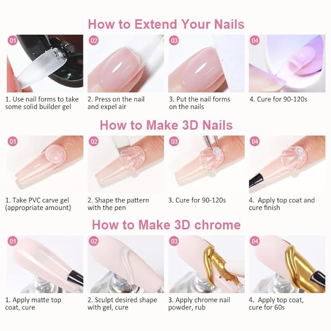 Solid Builder Gel and Chrome Nail Powder Kit BISHENGYF: 4 In 1 No Wipe 3d Sculpting Nail Gel Gold Aurora White Pearl Chrome Nail Powder Clear Non-Sticky Hand Extension Glue for Nail Decoration 30g