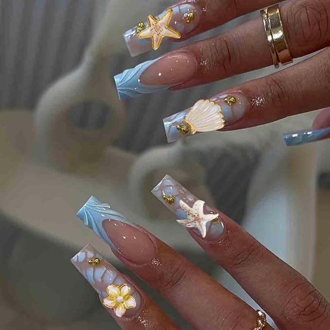 3D Beach Theme Nail Art Stickers, Starfish and Seashell Design, Gold Accents, 4 Sheets