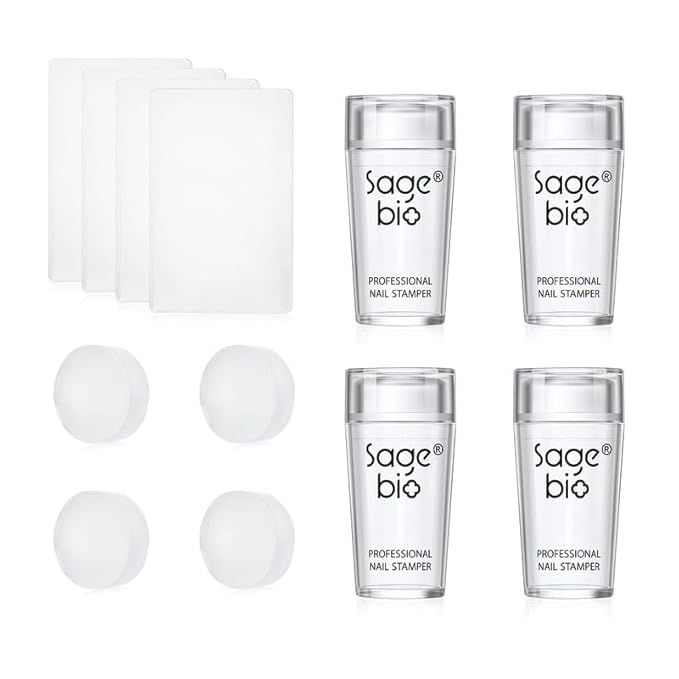 4Sets French Nail Art Stamper, with Nail Scraper and Replaceable Stamper Head, Home Manicure Starter Tool Salon, French Silicone Nail Stamper Kit for DIY Nail Decor
