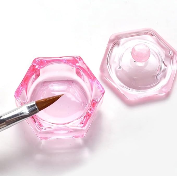 2 Pcs Pink Glass Nail Art Cups Nail Dipping Jars Nail Dappen Dishes Bowls Nail Powder Holders Nail Liquid Containers with Lid Nail Salon Supplies Hexagon Nail Art and Polish