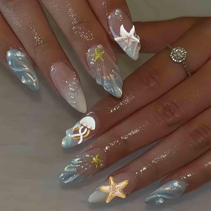 3D Beach Theme Nail Art Stickers, Starfish and Seashell Design, Gold Accents, 4 Sheets