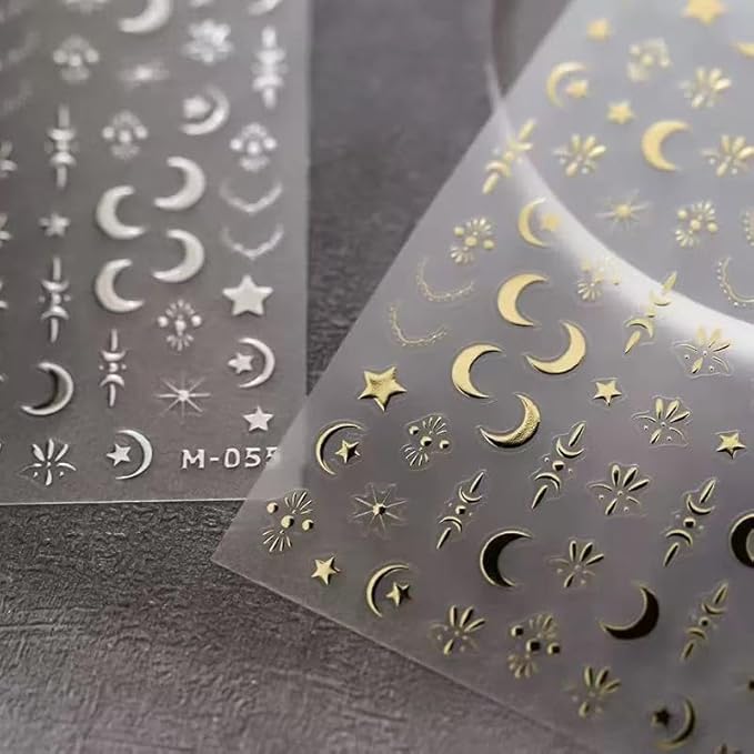 Gold Silver Stat Nail Stickers for Nail Art 3D Self Adhesive Moon Star Nail Art Stickers Silver Moon Star Nail Decals Gold Nail Supplies for Women Girls 2 Sheets