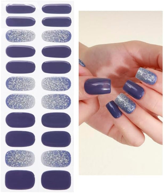 No Lamp Gel Nail Strips 22 Pcs Wraps - Dark Purple Silver Glitter, Easy Apply Gel Nail Stickers Long Lasting, Salon-Quality, 2 Prep Pads, 1 File, 1 Wooden Stick