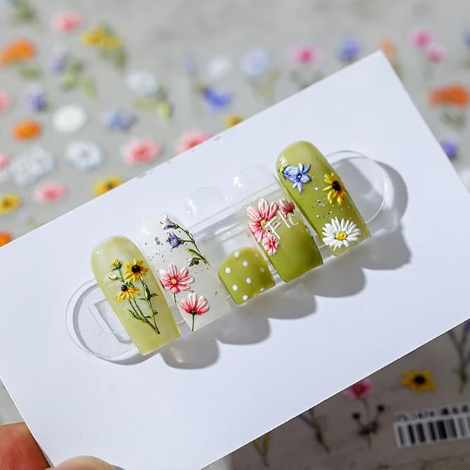 1Pcs Embossed Flower Nail Stickers Small Daisy Nail Decals 5D Embossed Wildflower Nail Art Stickers Spring Summer Self-Adhesive Nail Supplies Flower Design Nail Art Decoration for Women Girls Kids