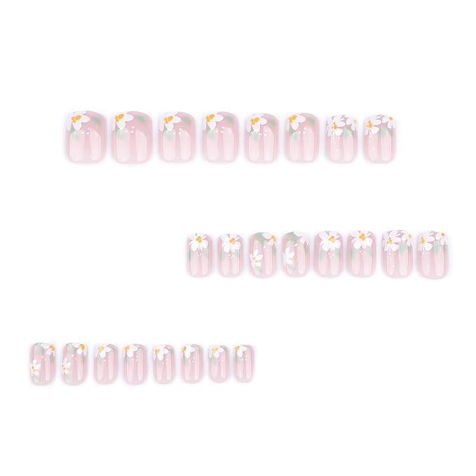 Nude Pink Press On Nails Square Short, Daisy Flower Fake Nails with White Floral Design, Natural Glossy Finish Reusable Acrylic Nails, Glue On Nail Kit for Women, 24Pcs