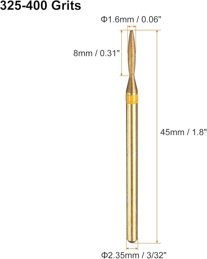 HARFINGTON 8pcs 325-400 Grits Diamond Grinding Bit 1.6mm Oval Head 2.35mm Shank 8mm Length Titanium Plated Stone Sanding Drill Bits Rotary Tool for Nails Grinding Polishing