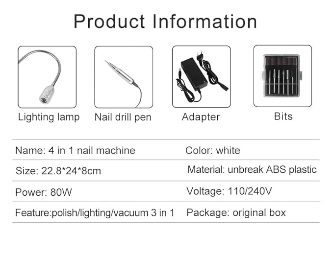 Professional 4 in 1 Nail Machine Supply 80W Strong Suction Nail Dust Collector with Drill Manicure Machine for Acrylic Nail, White