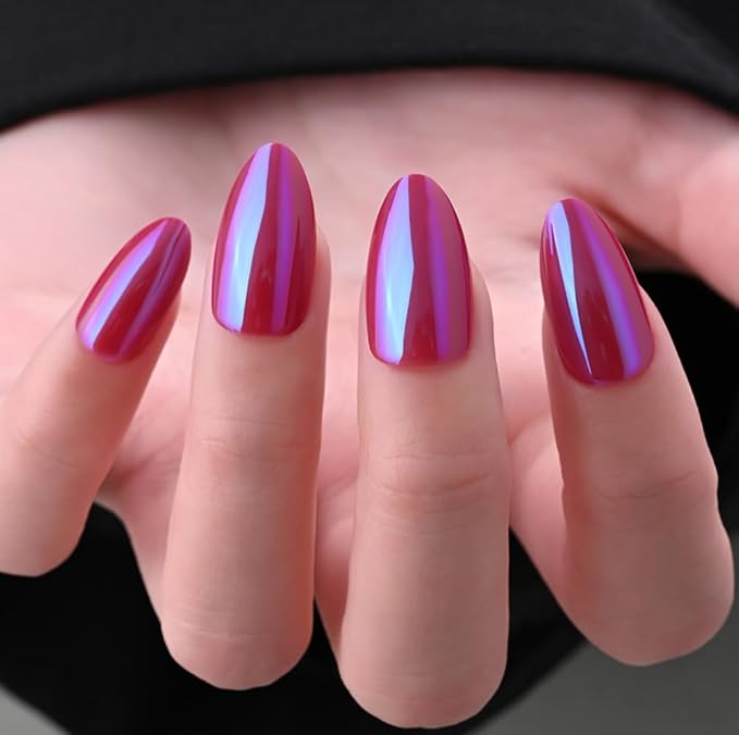 evpct Dark Red Press on Nails Almond Short, Dark Purple Red Chrome Glazed Glossy Short Almond Soft Gel Press On Nails with Nail Glue for Women Gift, 15 Sizes 30Pcs Reusable Stick Acrylic Fake Nail Kit