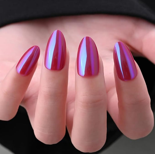 evpct Dark Red Press on Nails Almond Short, Dark Purple Red Chrome Glazed Glossy Short Almond Soft Gel Press On Nails with Nail Glue for Women Gift, 15 Sizes 30Pcs Reusable Stick Acrylic Fake Nail Kit