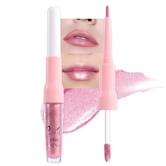 evpct Warm Pink Metallic Glitter Lip Liner and Lipstick Combo Set Long Lasting Waterproof, Metallic Shimmer Lip Gloss Stain Makeup for Women, Warm Pink Frosted Iridescent Glossy Liquid Lipstick 19