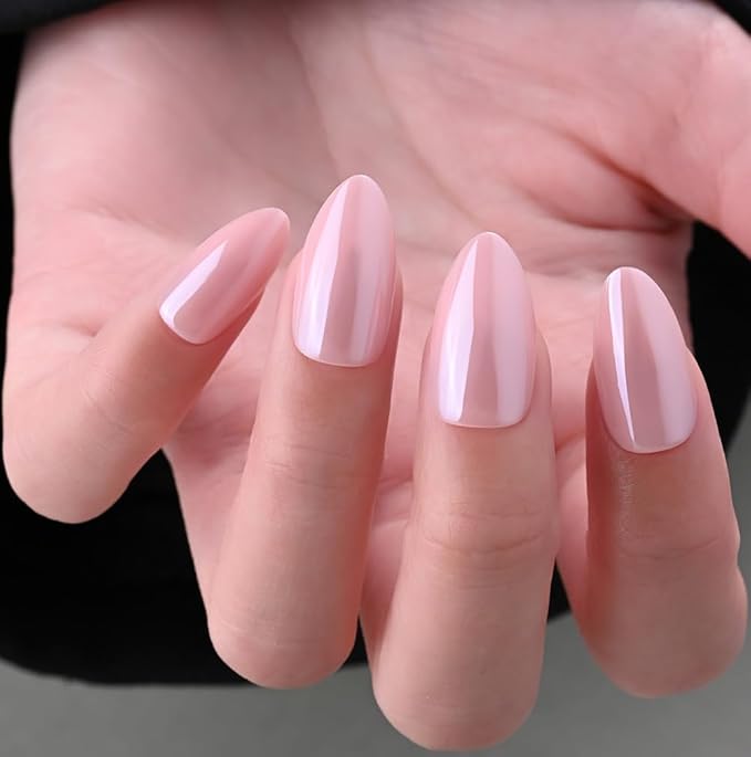 Press on Nails Short Almond - Nude Pink Chrome Glazed Glossy Press on Nail Tips Glue On Nails with Nail Glue for Gift, Reusable Stick On Nails in 15 Sizes 30 Full Cover Acrylic Soft Gel Fake Nails Kit