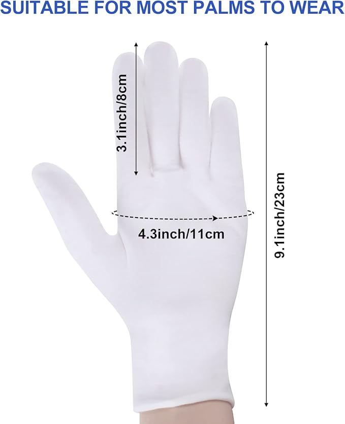 12 Pairs of White Cotton Gloves-Breathable and Comfortable Eczema Gloves, Moisturizing Spa Gloves，Jewelry Inspection Gloves，Suitable for Housework, Driving, Archives, Artwork Processing