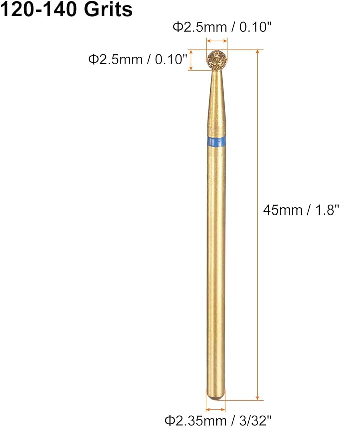 HARFINGTON 6pcs 120-140 Grits Diamond Grinding Bit 2.5mm Ball Head 2.35mm Shank 2.5mm Length Titanium Plated Stone Sanding Drill Bits Rotary Tool for Nails Grinding Polishing
