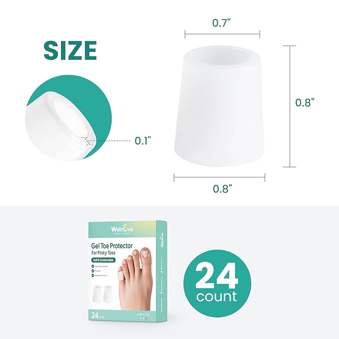 Welnove Silicone Toe Protectors – Silicone Open Pinky Toe Sleeves for Hammer Toes, Corns, Calluses, Blisters – Soft Gel Protector Toe Cushions for Pain Relief - 24 Count,White