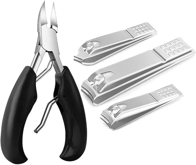 4Pcs Professional Nail Clippers Set, Ultra Sharp Sturdy Fingernail Clipper and Heavy Duty Toe Nail Clippers Adult Thick Nails Long Handle (Silver)