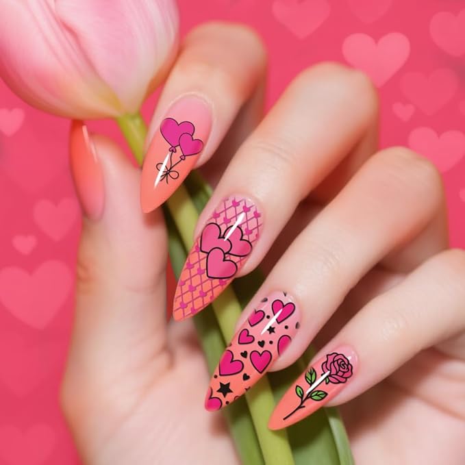 PH PandaHall 5pcs Valentine's Day Nail Stamping Plates Love Heart Nail Art Templates Tulip Rose Flower Nail Art Stencil Bows Gift Nails Stamper for Women Party Holiday Manicures Salon Printing Design