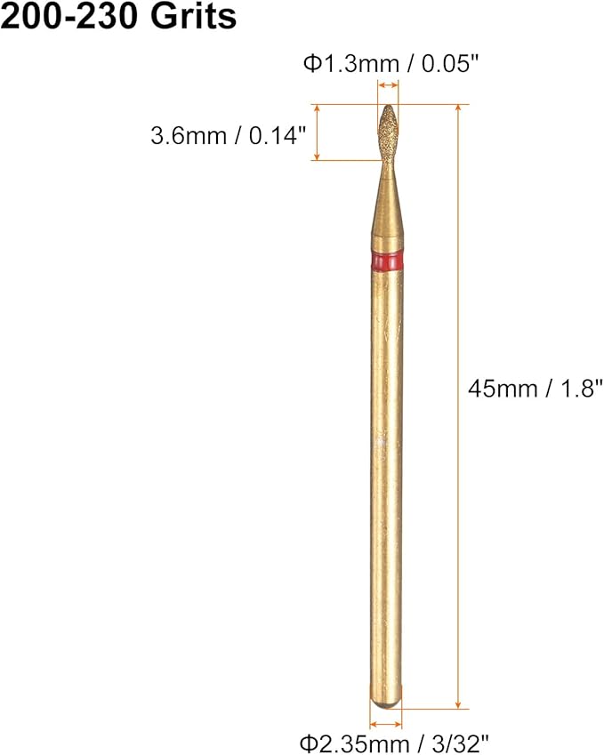 HARFINGTON 8pcs 200-230 Grits Diamond Grinding Bit 1.3mm Oval Head 2.35mm Shank 3.6mm Length Titanium Plated Stone Sanding Drill Bits Rotary Tool for Nails Grinding Polishing