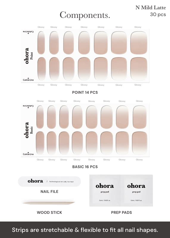 ohora Semi Cured Gel Nail Strips (N Mild Latte) - Nude, Ombre, Works with Any UV/LED Lamps, Salon-Quality, Long Lasting, Easy to Apply & Remove - Includes 2 Prep Pads, Nail File & Wooden Stick