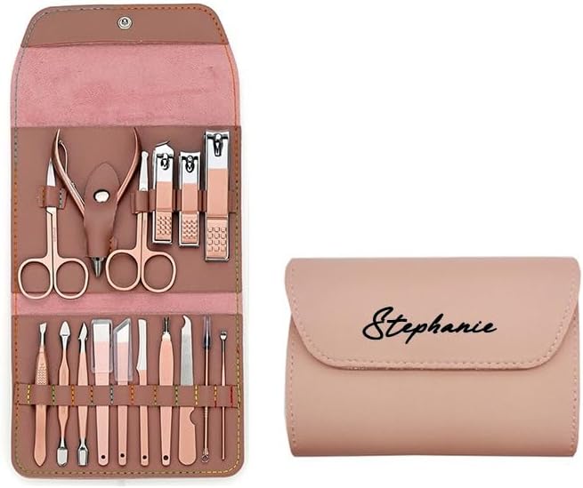 Custom Manicure and Pedicure Set, Customize Nail Care Kit with Nail Clippers, Cuticle Trimmer, Tweezers, Metal File, Pedicure Tools for Home, Travel or Christmas Birthday Gift Use (Pink)