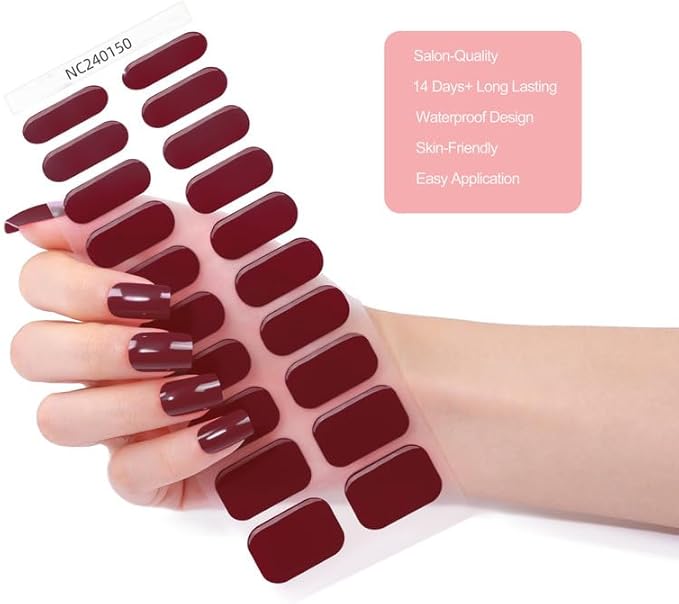 Gel Nail Strips 20 Pcs Wraps - Burgundy, Solid, Easy Apply Gel Nail Stickers Long Lasting, Salon-Quality, 2 Prep Pads, 1 File, 1 Wooden Stick, UV Light Required