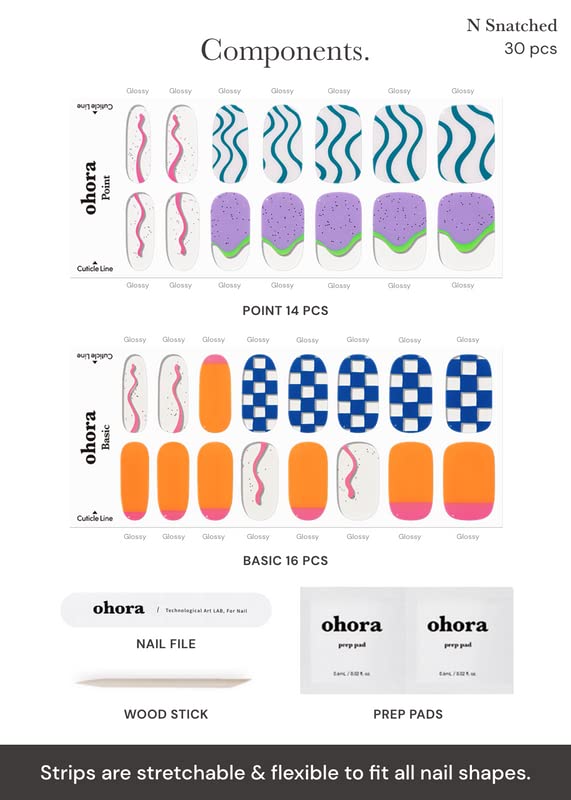 ohora Semi Cured Gel Nail Strips (N Snatched) - Blue, Patterned, Works with Any UV/LED Lamps, Salon-Quality, Long Lasting, Easy to Apply & Remove - Includes 2 Prep Pads, Nail File & Wooden Stick