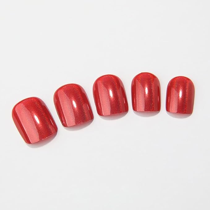 evpct Press on Nails Short Square for Women, Aurora Glazed Red Press on Fake Nails Reusable Glossy Stick on Nail for Women Girls Gift Glue on Nails Kit False Nail Polish Short with Accessories