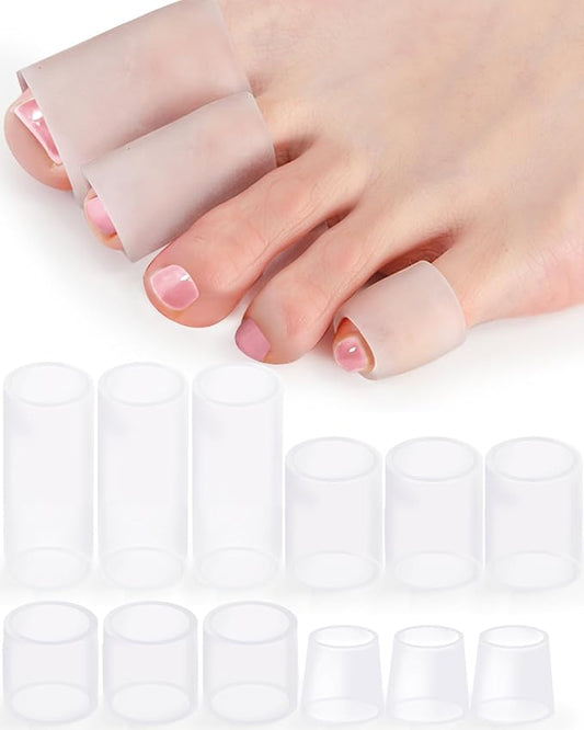 12PCS Silicone Toe Protectors Sleeves Gel Corn Pads Toe Tube Cushions with 4 Size, Soft Toes Covers for Women Men Pain Relief, Calluses, Blisters, Hammertoe (12Pc, Silicone)