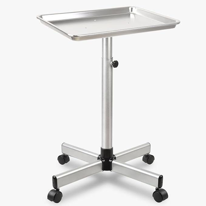 Salon Tray, Silver Salon Tray, Tattoo Tray on Wheels, Metal Salon Rolling Tray, Salon Services Tray Height-Adjustable, (Silver)