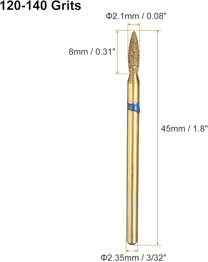 HARFINGTON 8pcs 120-140 Grits Diamond Grinding Bit 2.1mm Oval Head 2.35mm Shank 8mm Length Titanium Plated Stone Sanding Drill Bits Rotary Tool for Nails Grinding Polishing