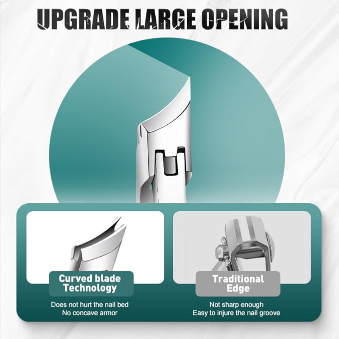 Splashproof 25° Beveled Edge Nail Clippers 3-Piece Set, New Long Handle Wide Jaw Opening Anti-Splash Slanted Nail Clipper for Thick and Ingrown Nails,Includes Nail File for Complete Nail Care (Green)