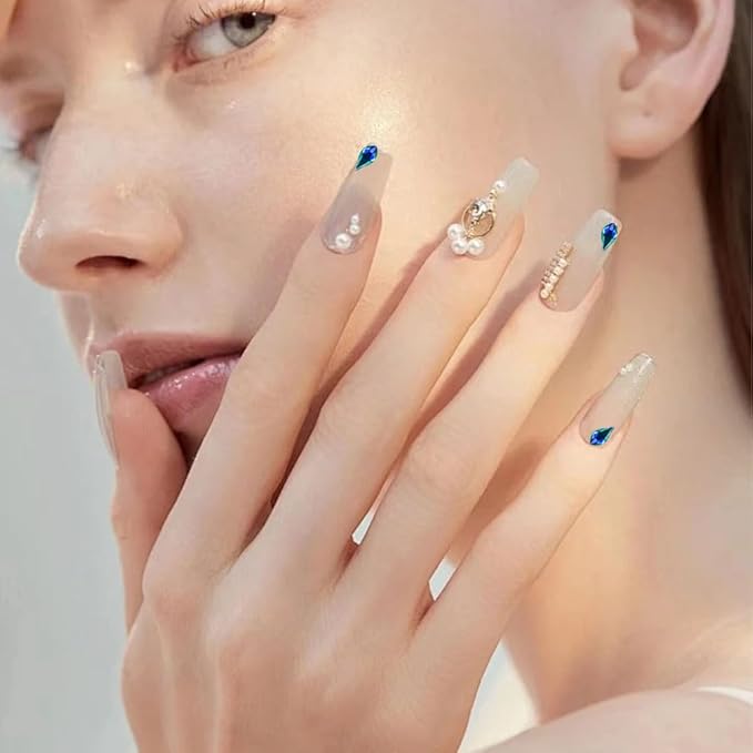 200PCS Blue Nail Charms, Crystals Rhinestones Flatback Nail Shiny Zircon Diamonds for 3D Decorations DIY Nail Art Accessories
