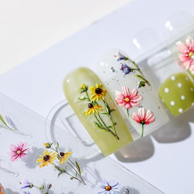 1Pcs Embossed Flower Nail Stickers Small Daisy Nail Decals 5D Embossed Wildflower Nail Art Stickers Spring Summer Self-Adhesive Nail Supplies Flower Design Nail Art Decoration for Women Girls Kids
