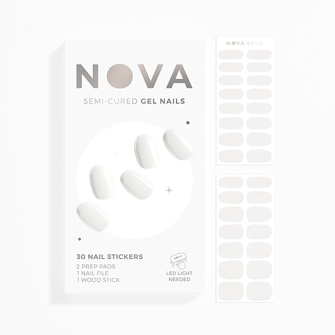 NOVA, Semi Cured Gel Nail Strips (Cloud 9) - The 10 Minute Manicure. Salon-Quality, Female Founded, Works with Any Lamp, Easy to Apply & Remove - Incl. File & Wooden Stick