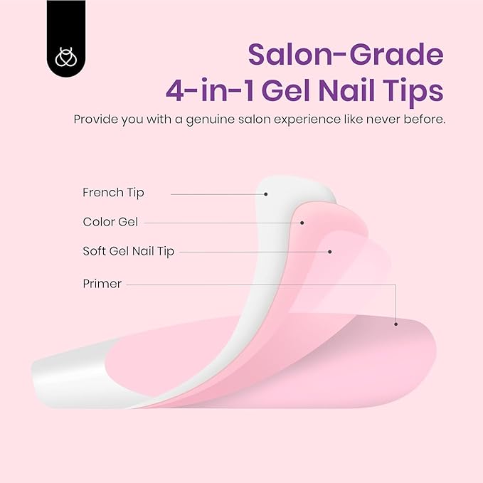 Beetles X Press Plus French Tip Nails - Peach French | Pink Extra Short Square Press On Nails | 15 Sizes 210 Pcs Natural Salon Quality Gel Nail Tips