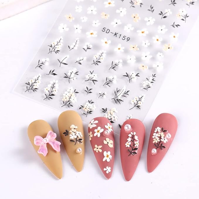 5D Embossed Daisy Flower Nail Art Stickers - Black White Floral Nail Decals 3D Self-Adhesive Nail Art Supplies Spring Blossom Leaf Bunny Nail Stickers for Women Acrylic Nails Art Decorations, 3Sheets