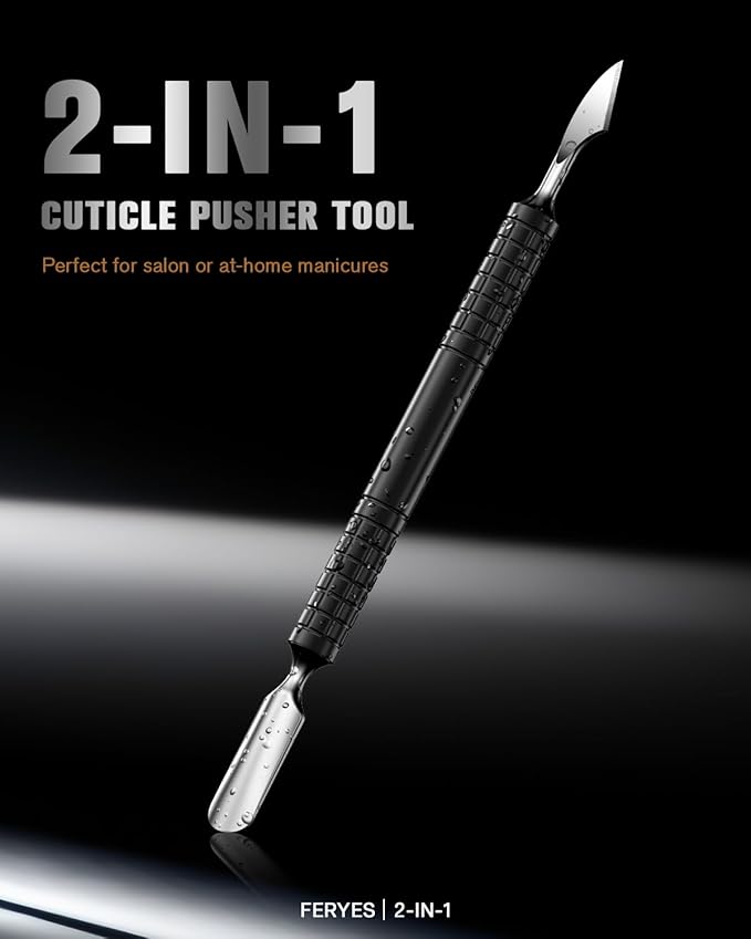 FERYES Upgraded Dual Head Cuticle Pusher Remover Tool - Curved & Chisel Edge Stainless Steel, Ergonomic Non-Slip Handle for Professional Salon & Home Manicure Nail-Black