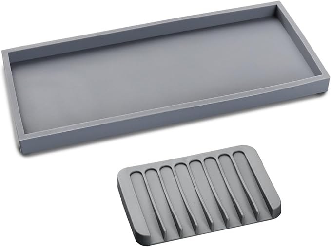 Bloss Silicone Tray Set for Bathroom/Kitchen - 11.8" Bathroom Soap Dispenser Tray and Soap Holder, Silicone Vanity Trays Countertop Organizer for Scrubber, Perfume, Jewelry, Candle Tray