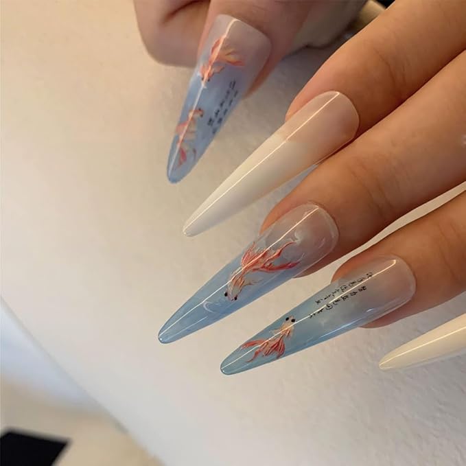 3 Sheets Goldfish Nail Art Stickers, 5D Embossed Cute Fish Nail Decals Self-Adhesive Chinese Style Nail Art Accessories for Women DIY Nail Decorations